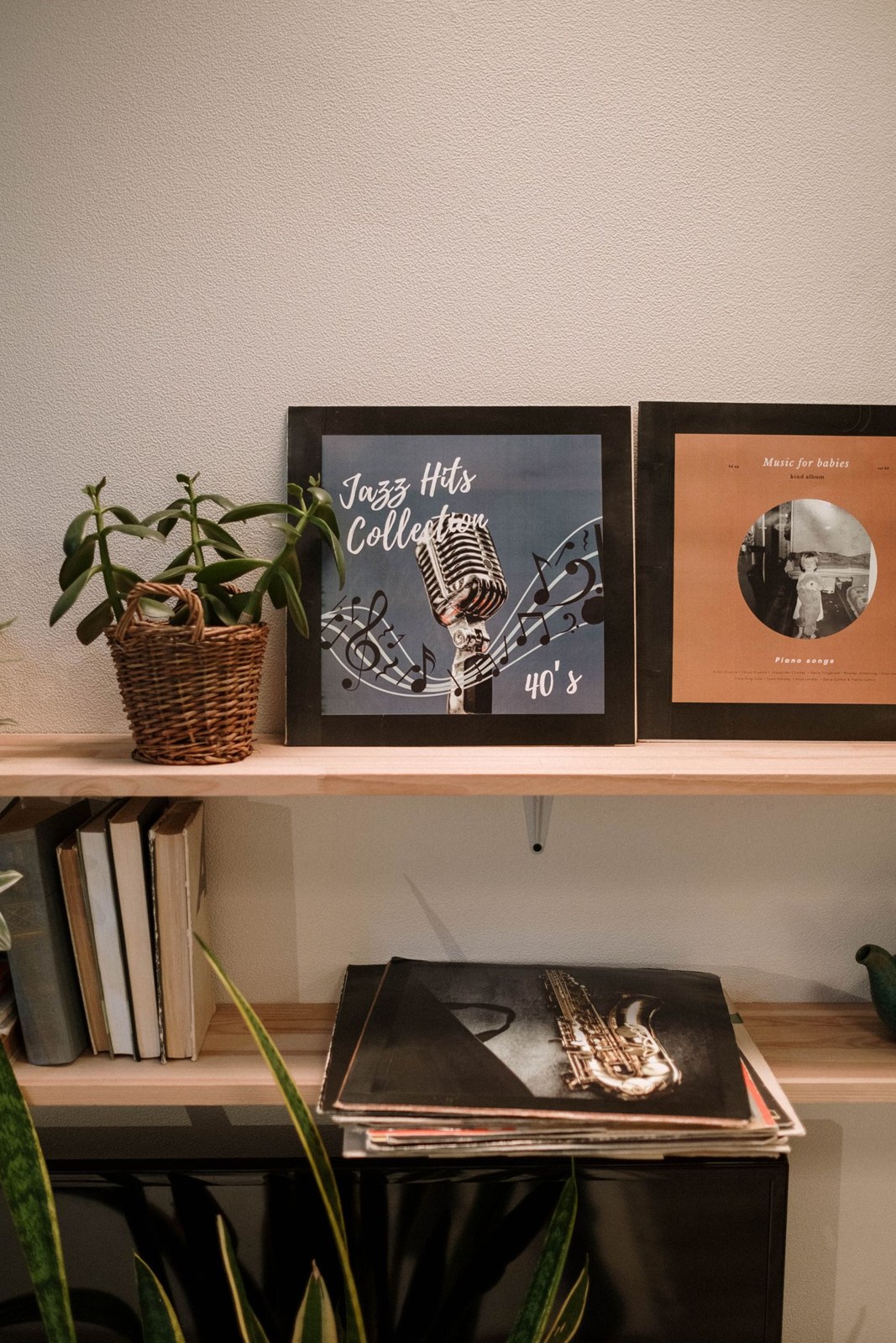 A home record collection stored on shelving